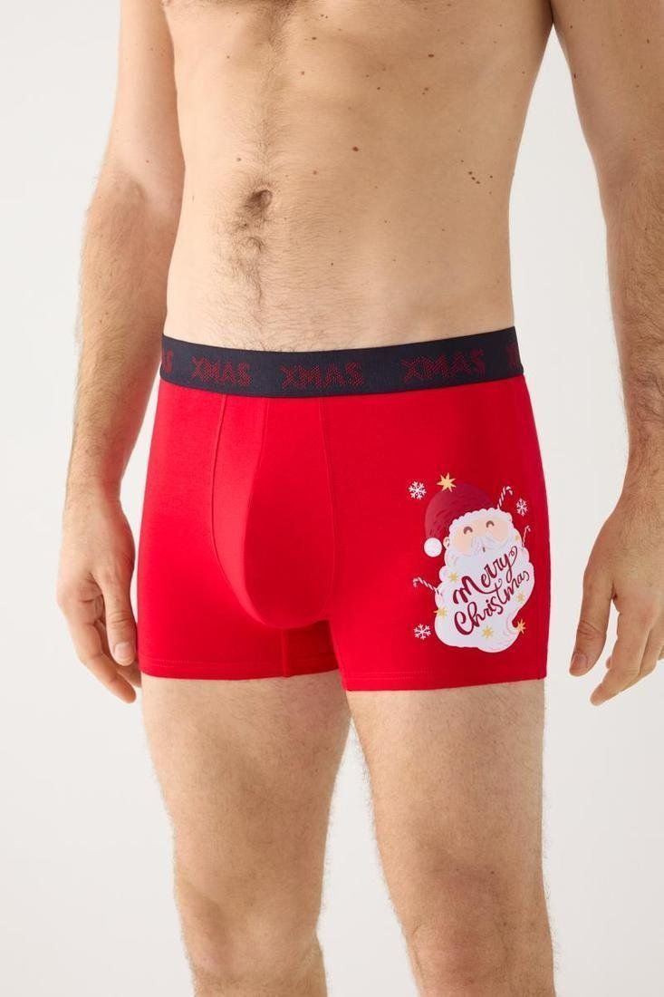 Bóxer de hombre rojo con estampado de papa Noel y cintura elástica negra.