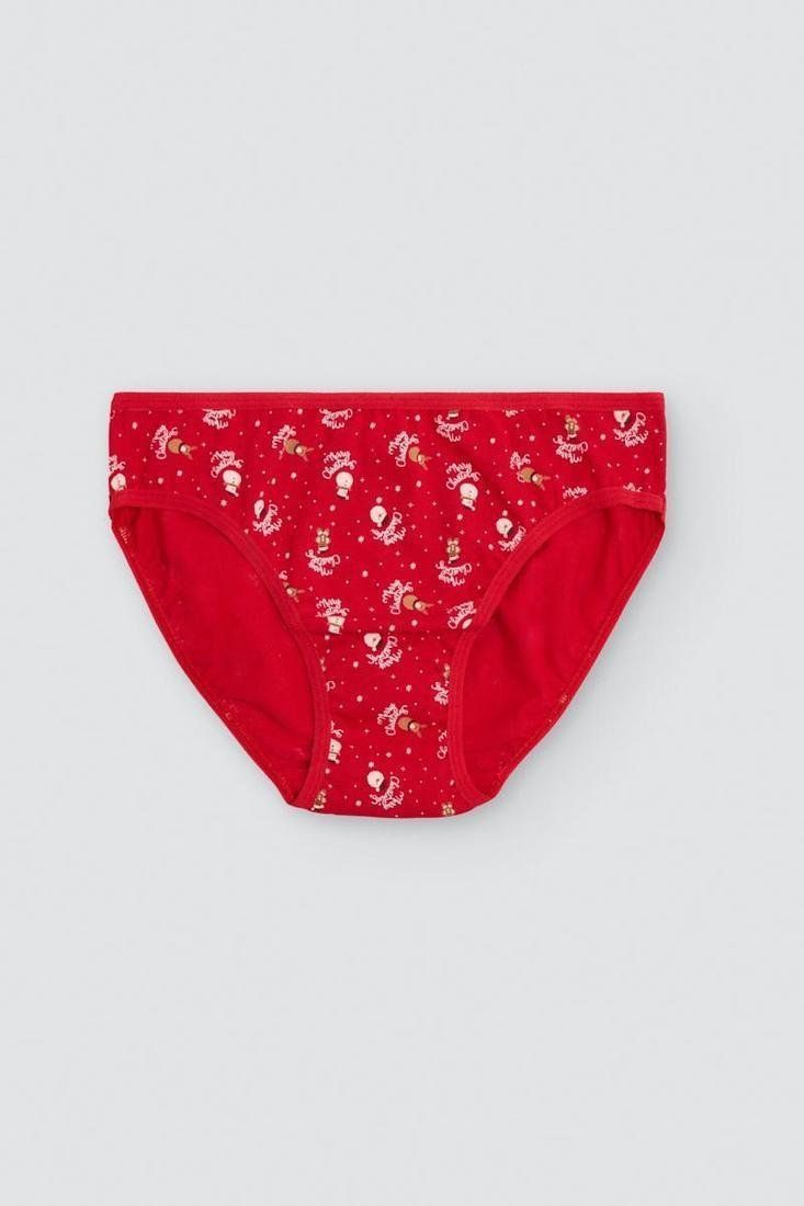 Braga juvenil roja con estampado de pequeños motivos navideños multicolor y cintura elástica.