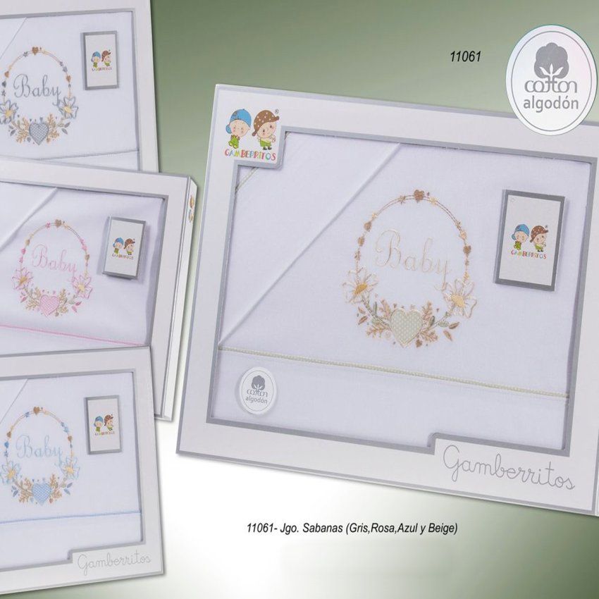 Juego de sábanas de cuna Gamberritos 11061 de algodón 100%, 3 piezas para cuna de 60x120 cm con diseño bordado.
