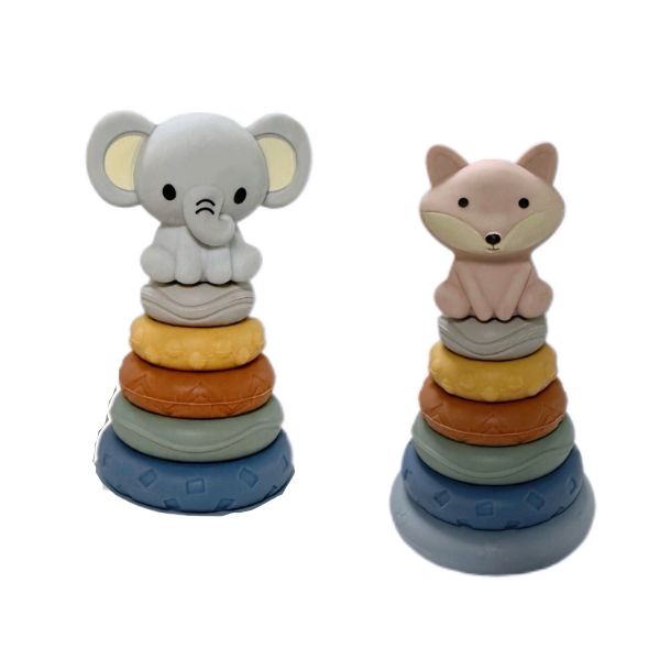 Torres apilables bebé Gamberritos de silicona con diseños de elefante y zorrito y anillas sensoriales de colores.