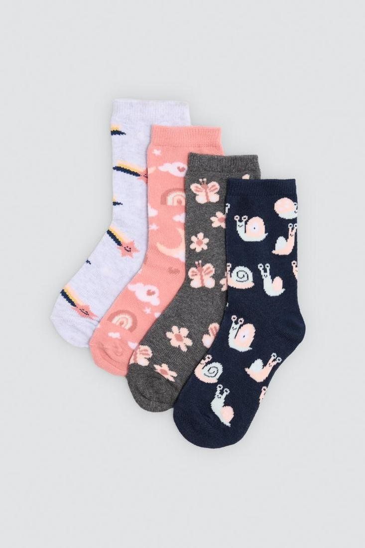 Calcetines de niña Ysabel Mora 32607 en lila claro, rosa, gris oscuro y azul marino, con flores, caracoles y motivos infantiles.