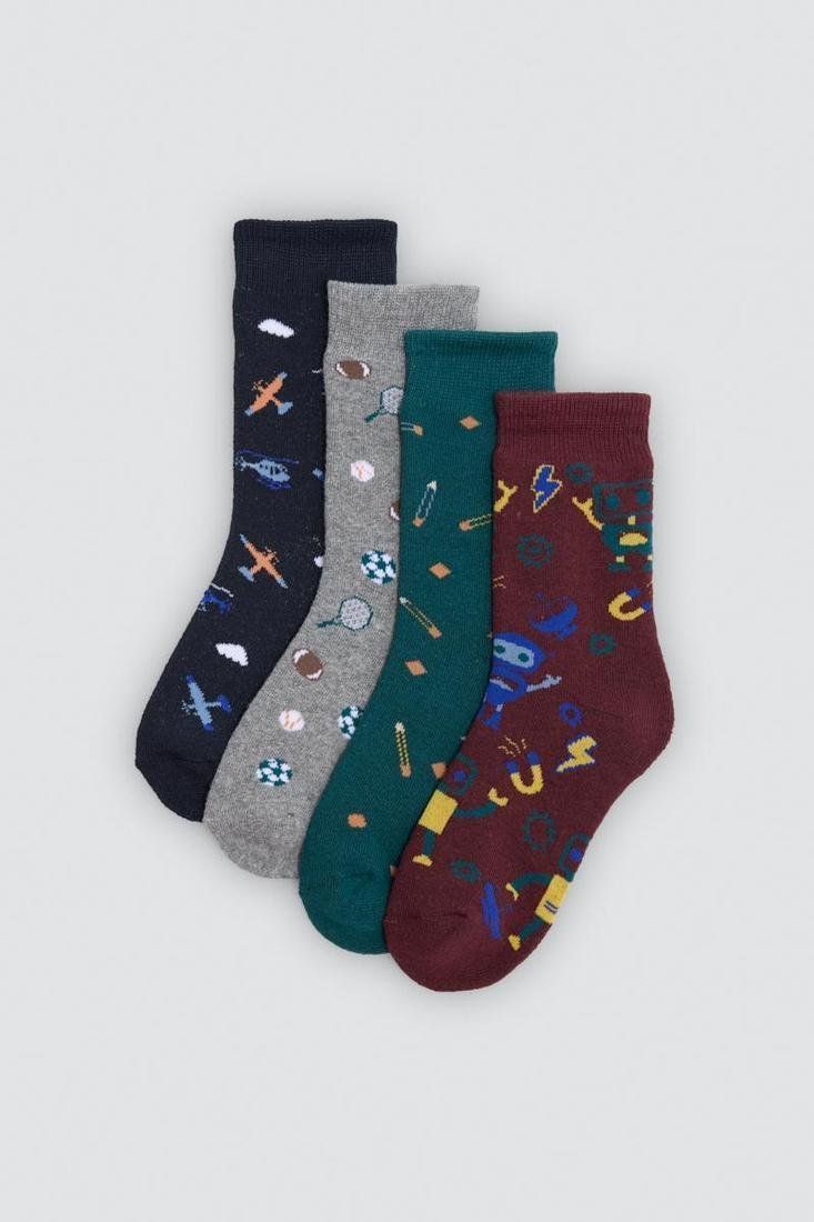 Calcetines térmicos de niño Ysabel Mora 42674 en azul marino, gris, verde petróleo y burdeos, con aviones, motivos deportivos y dibujos multicolor.