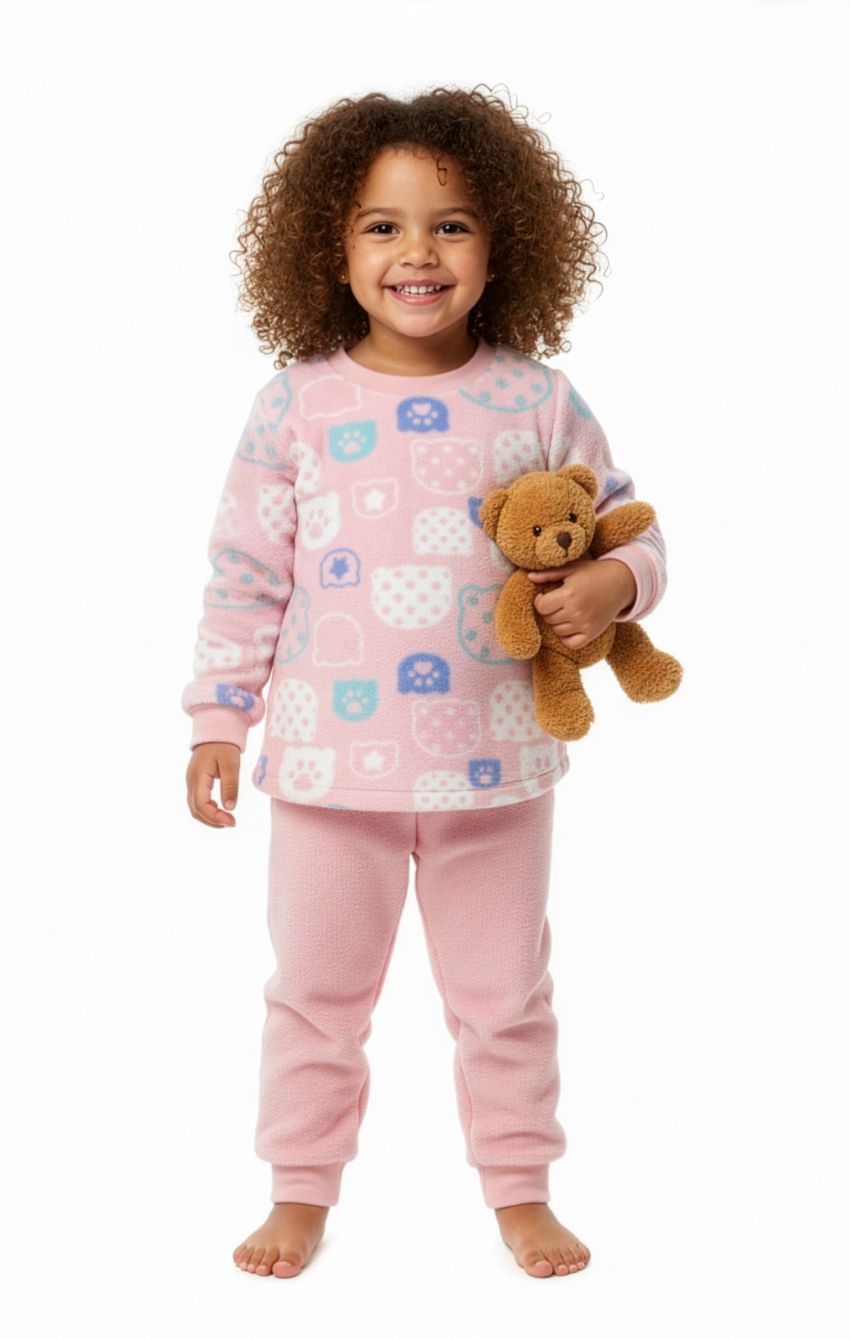 Niña con pijama de coralina KN 290 rosa, camiseta de manga larga estampada con ositos y huellas, y pantalón liso con puños.