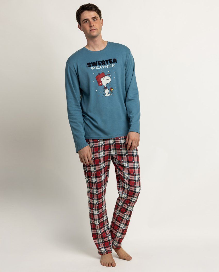 Pijama de hombre Snoopy con camiseta de manga larga y pantalón de cuadros. Ideal para tiendas y distribuidores. Compra al por mayor.