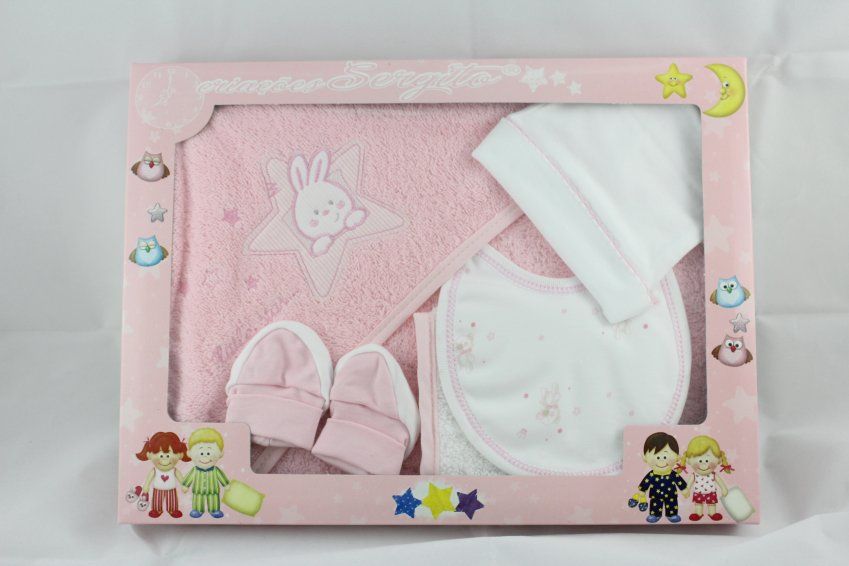 R203 JUEGO BAÑO BEBE FONDO ROSA ESTAMPADO BL