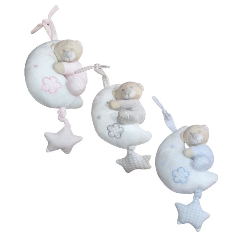 Peluche musical bebé Gamberritos con diseño de luna y osito en colores rosa, gris y azul.