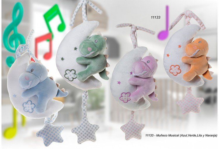 Peluche musical bebé con diseño de dinosaurio y luna.