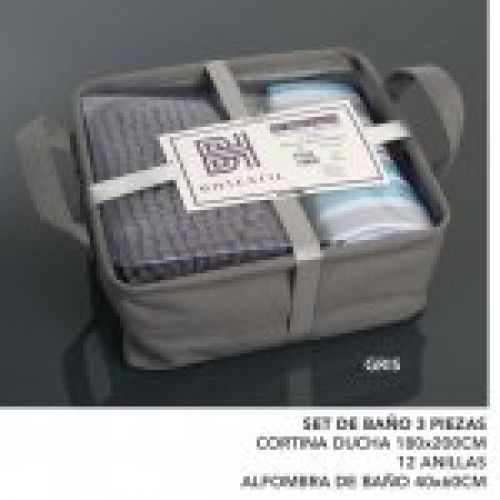 61458 SET 3 PIEZAS ALFOMBRA, CORTINA Y ANILLAS BH TEXTIL