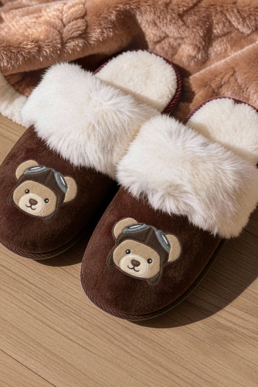 Zapatillas de casa destalonadas marrones con forro de pelo blanco y aplicación de oso aviador.