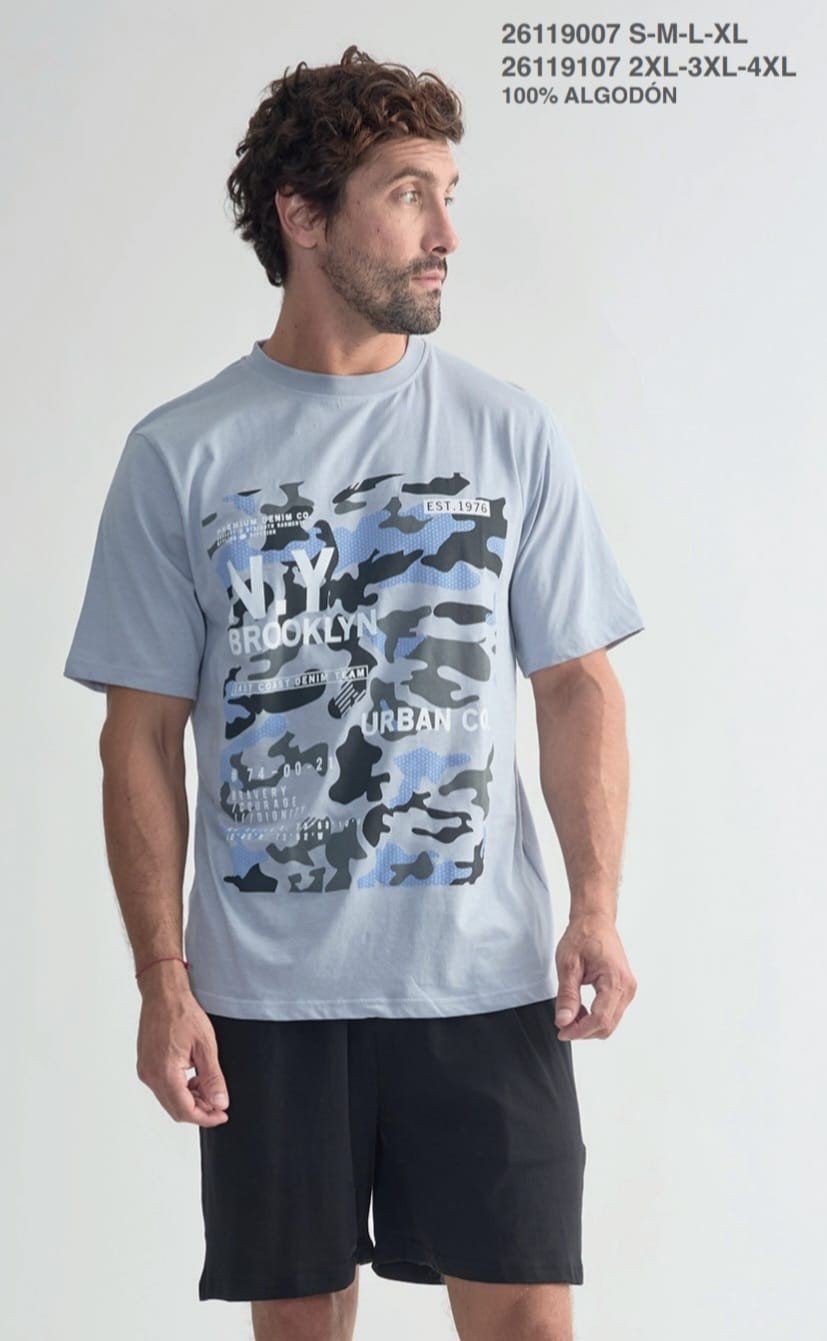 Pijama corto hombre Diassi 100% algodón con camiseta estampada urbana y pantalón corto liso para verano.