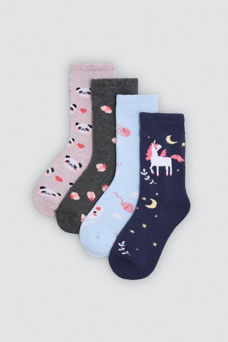 Calcetines térmicos de niña Ysabel Mora 32600 en rosa, gris oscuro, azul claro y azul marino, con estampados de animales y fantasía.
