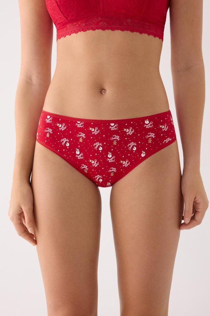 Braga midi de mujer roja con estampado de pequeños motivos navideños multicolor.