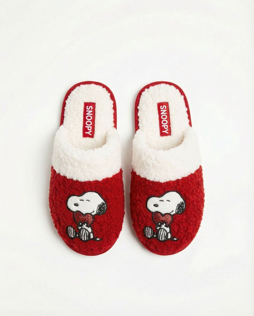 Zapatillas de casa destalonadas de Snoopy en tejido de borreguito rojo y blanco con corazón bordado.
