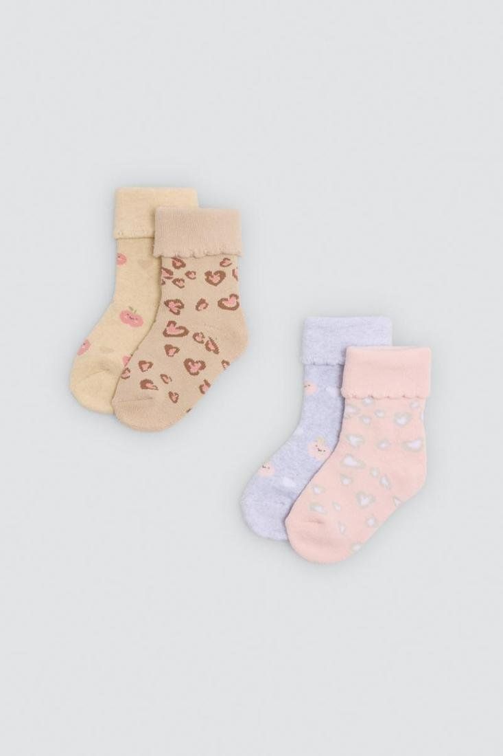 Calcetines térmicos de bebé Ysabel Mora 52899 en tonos beige, rosa y lila, con estampados frutales y animal print.