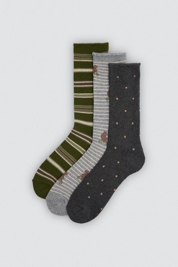 Calcetines térmicos de hombre sin puño Ysabel Mora 22117 en verde oliva, gris claro y gris oscuro, con diseños de rayas y lunares.