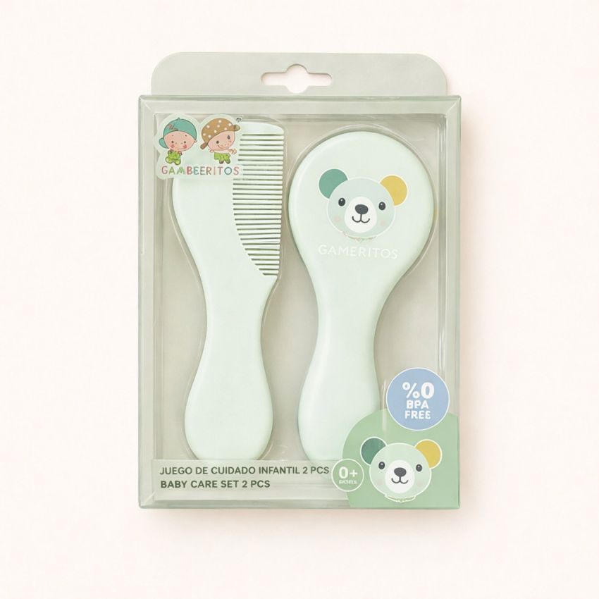Juego de cepillo y peine bebé Gamberritos BPA Free disponible en rosa, azul, verde y gris.