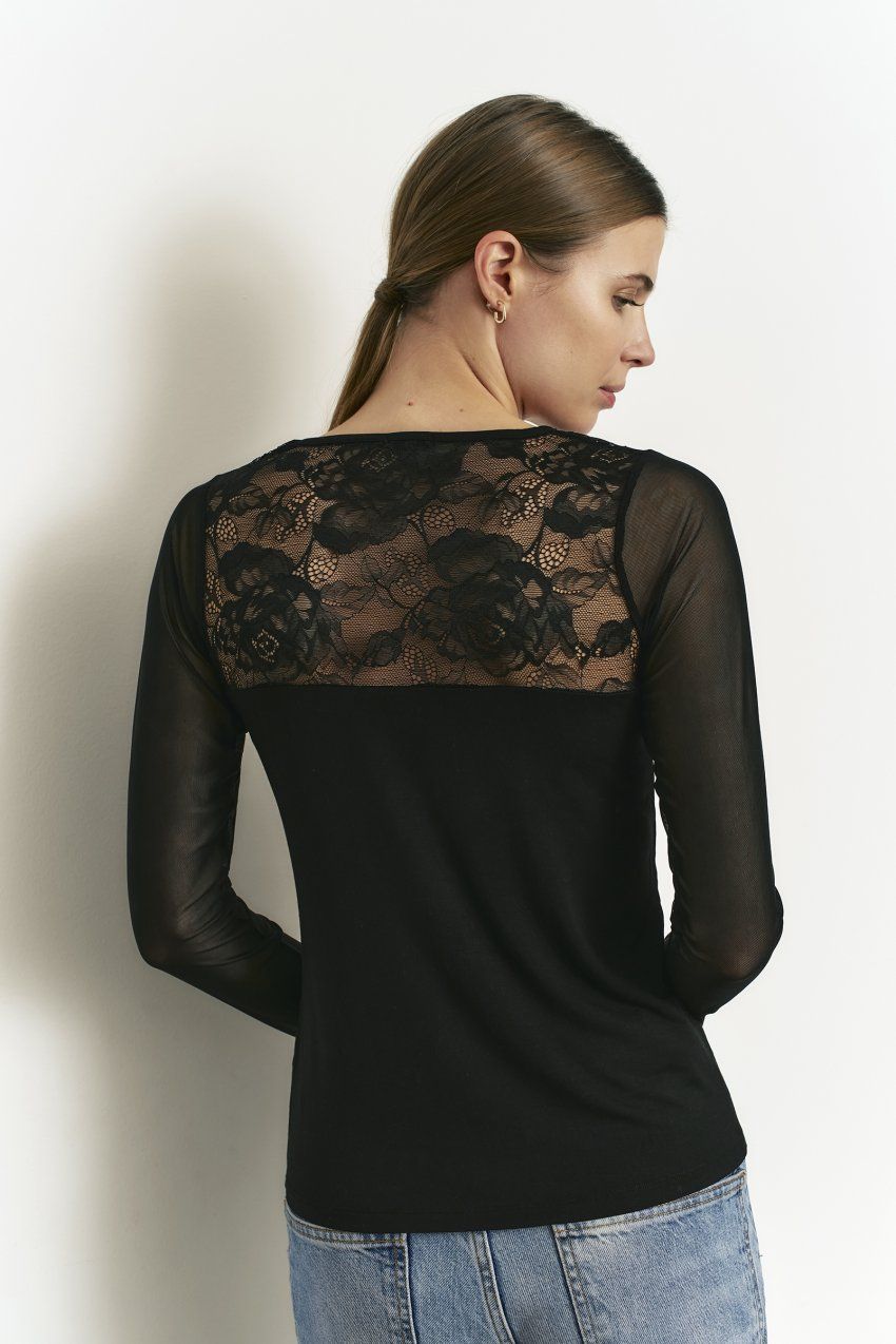 Camiseta Promise negra con panel de encaje floral transparente en la espalda, vista trasera.