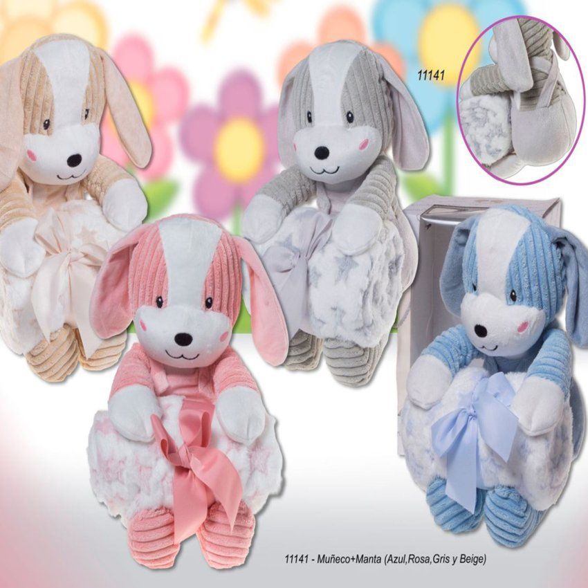 Set bebé Gamberritos con muñeco de peluche perrito y manta suave en colores pastel.
