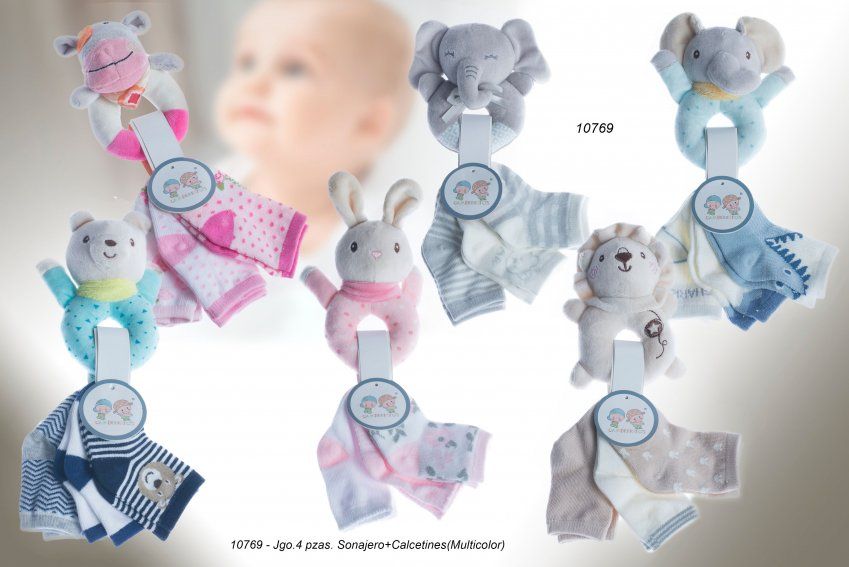 10769 JUEGO INFANTIL 4 PCS, SONAJERO +3 PARES DE CALCETINES GAMBERRITOS