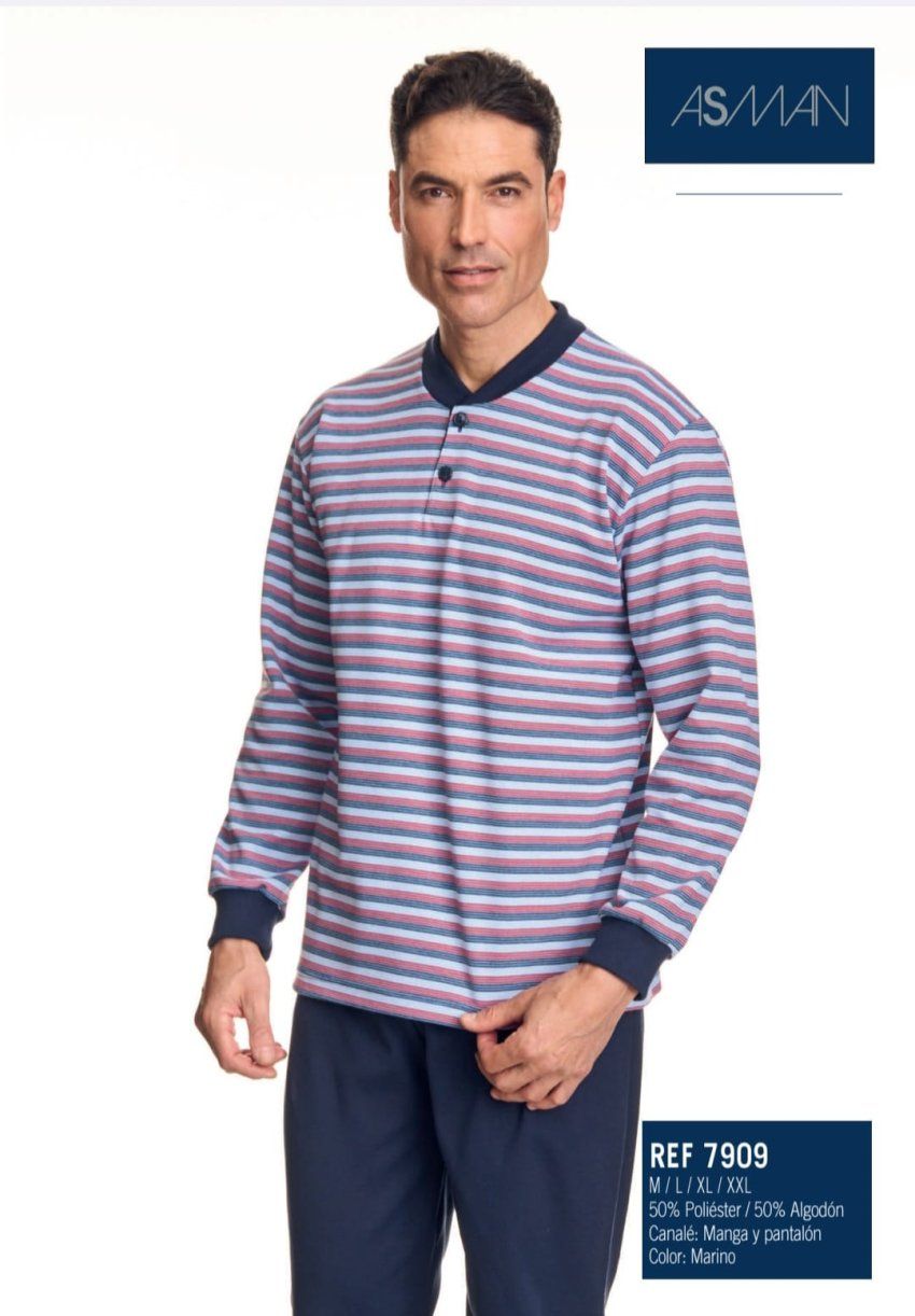 Pijama largo de invierno para hombre Asman, referencia 7909, con camiseta de rayas multicolor, tapeta de dos botones, puños de canalé y pantalón largo liso en color marino.