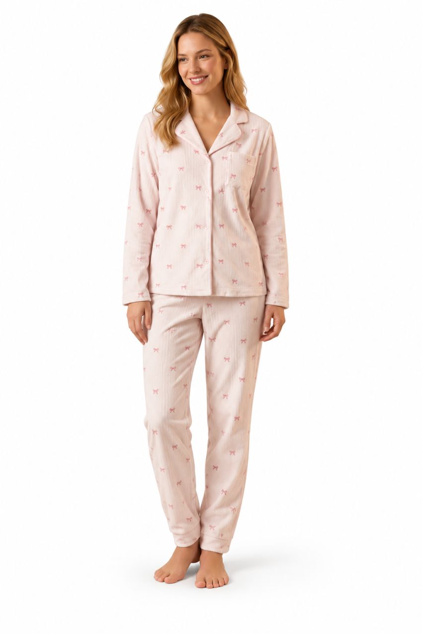 Pijama de mujer abotonado de velour con lazos Waterlemon 8228 C
