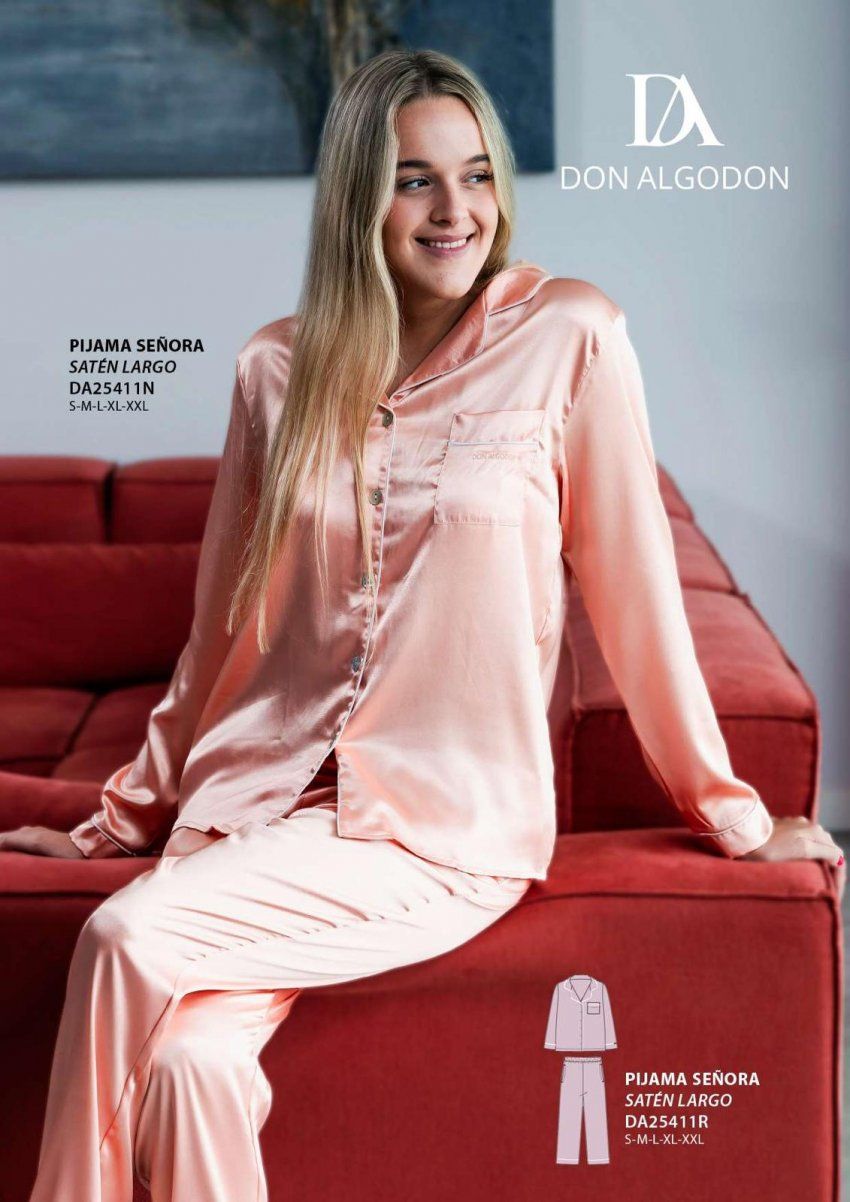 DA25411 PIJAMA MANGA LARGA SATEN ROSA DE DON ALGODON