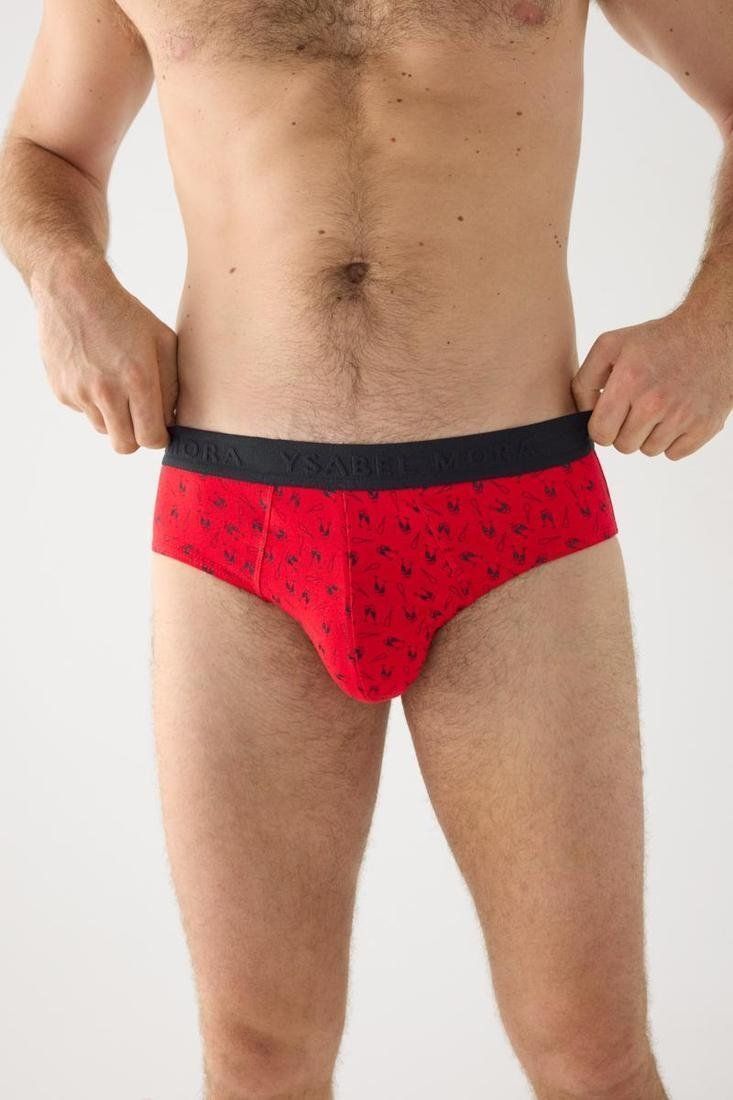 Slip de hombre rojo con estampado de pequeñas copas de champán y cintura elástica negra.