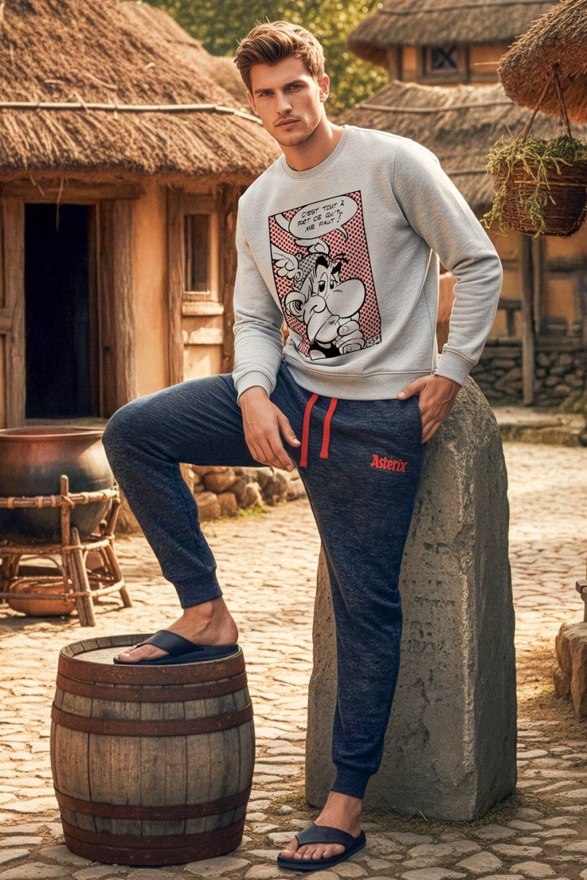 Modelo con pijama de hombre Astérix Dots 64717, con camiseta gris de manga larga con dibujo de Astérix y pantalón largo oscuro con puños.