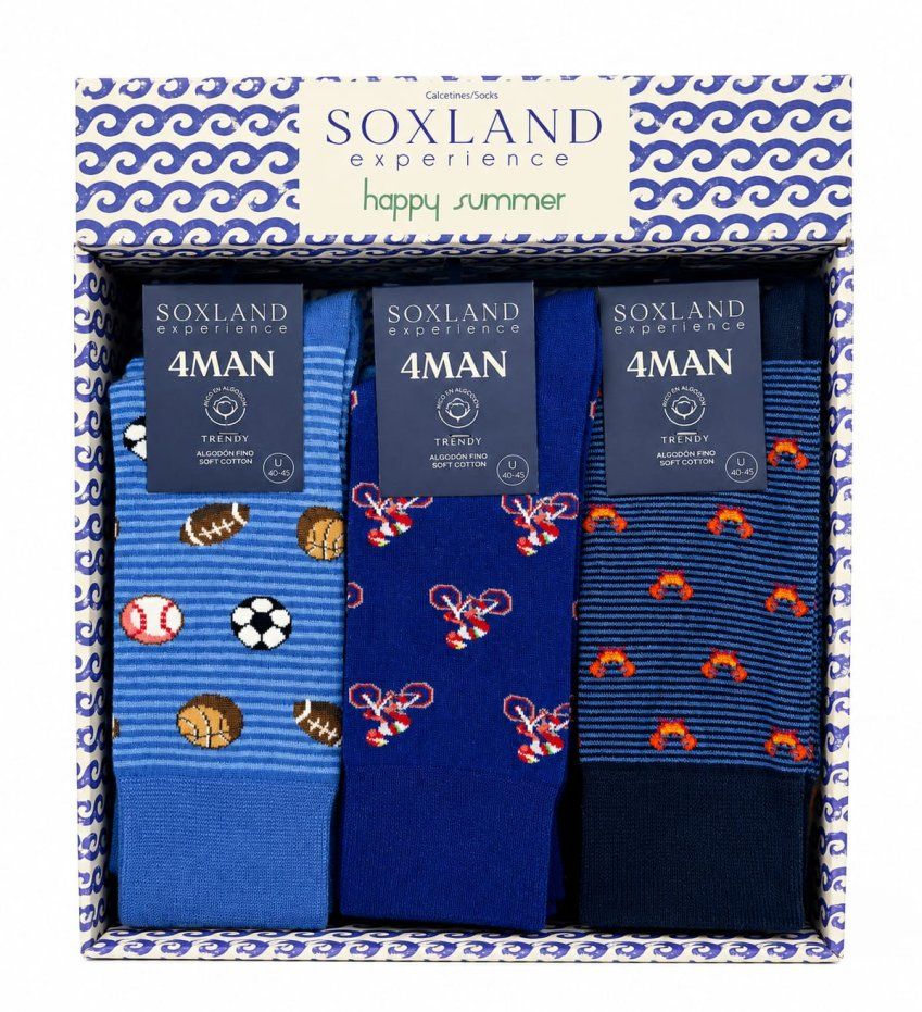 Compra el expositor de calcetines fantasía para hombre Soxland Experience referencia 1814504. Incluye 18 pares de algodón fino Soft Cotton con diseños surtidos, talla 40 45.