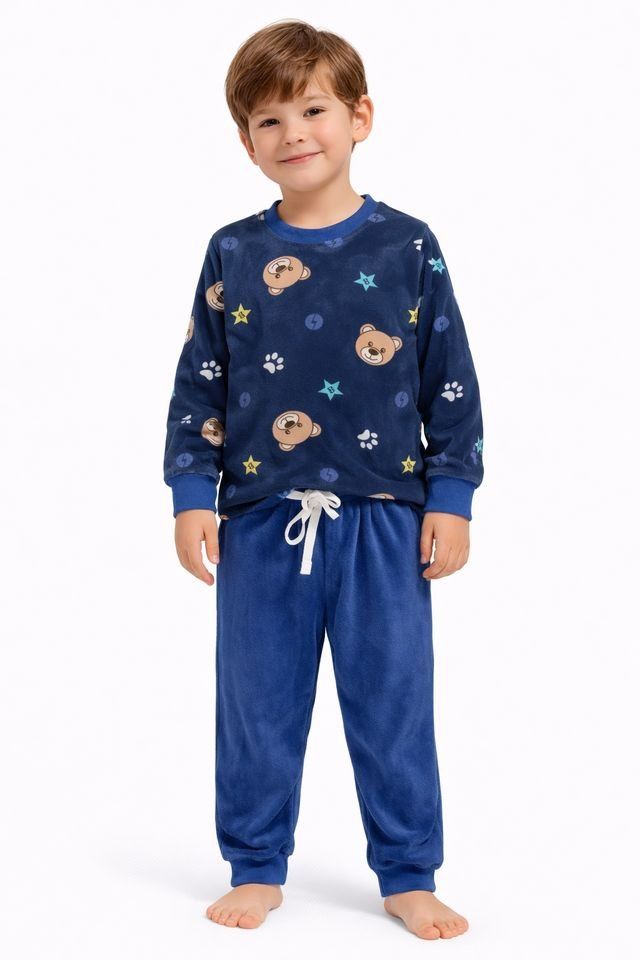 Pijama de niño Katuco con camiseta azul marino estampada de ositos, huellas y estrellas, y pantalón azul con lazo blanco y puños.