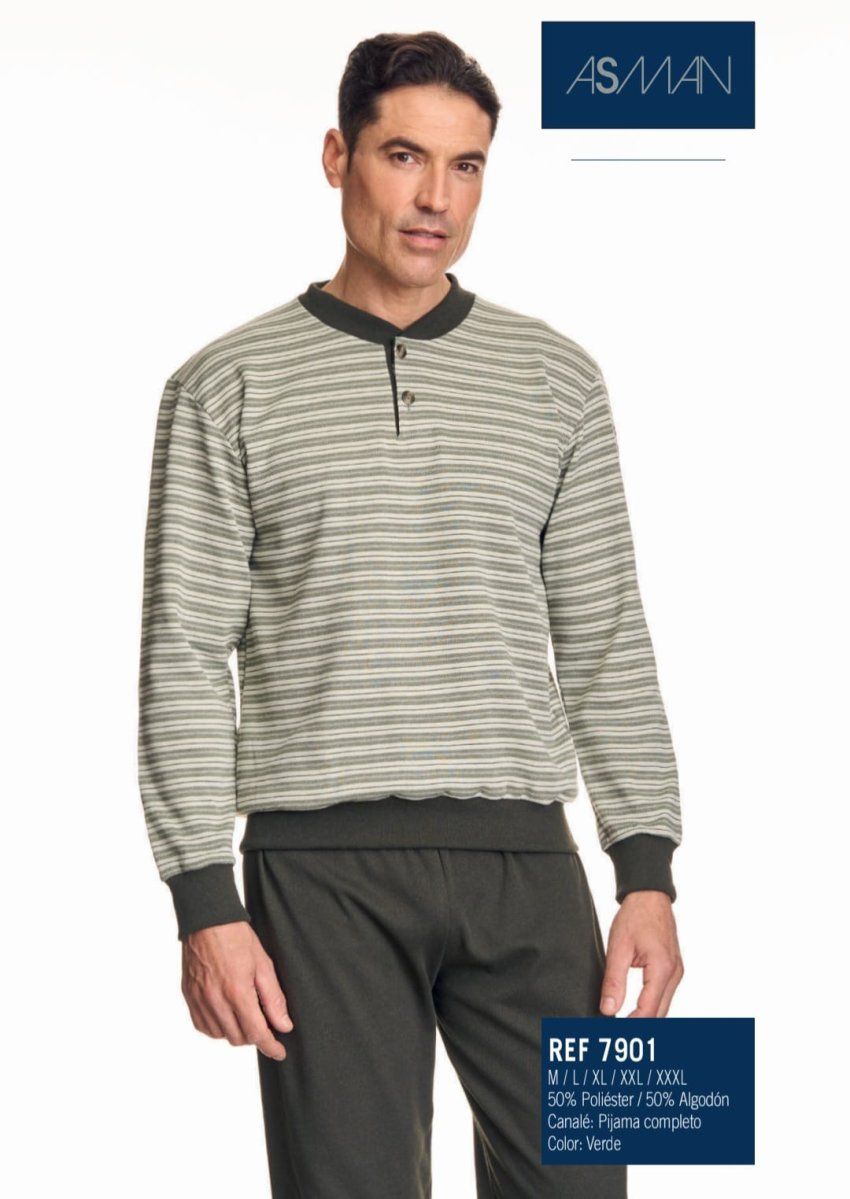 Pijama largo de hombre Asman, referencia 7901, en color verde, con camiseta de rayas, tapeta de dos botones, acabados de canalé y pantalón largo liso.