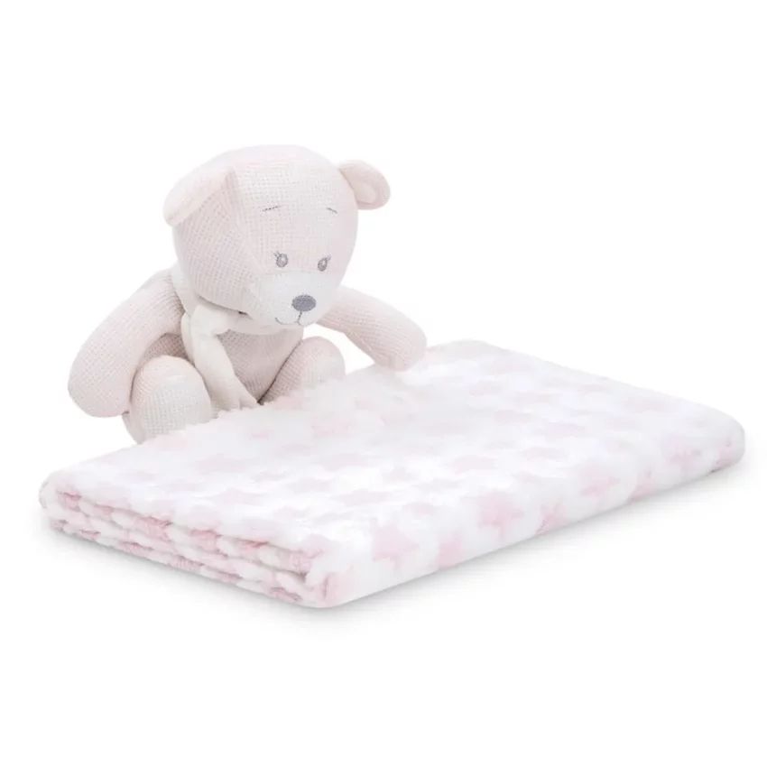 Set regalo bebé Interbaby PE024 con peluche crochet oso y manta estrella rosa ideal para recién nacido y canastillas