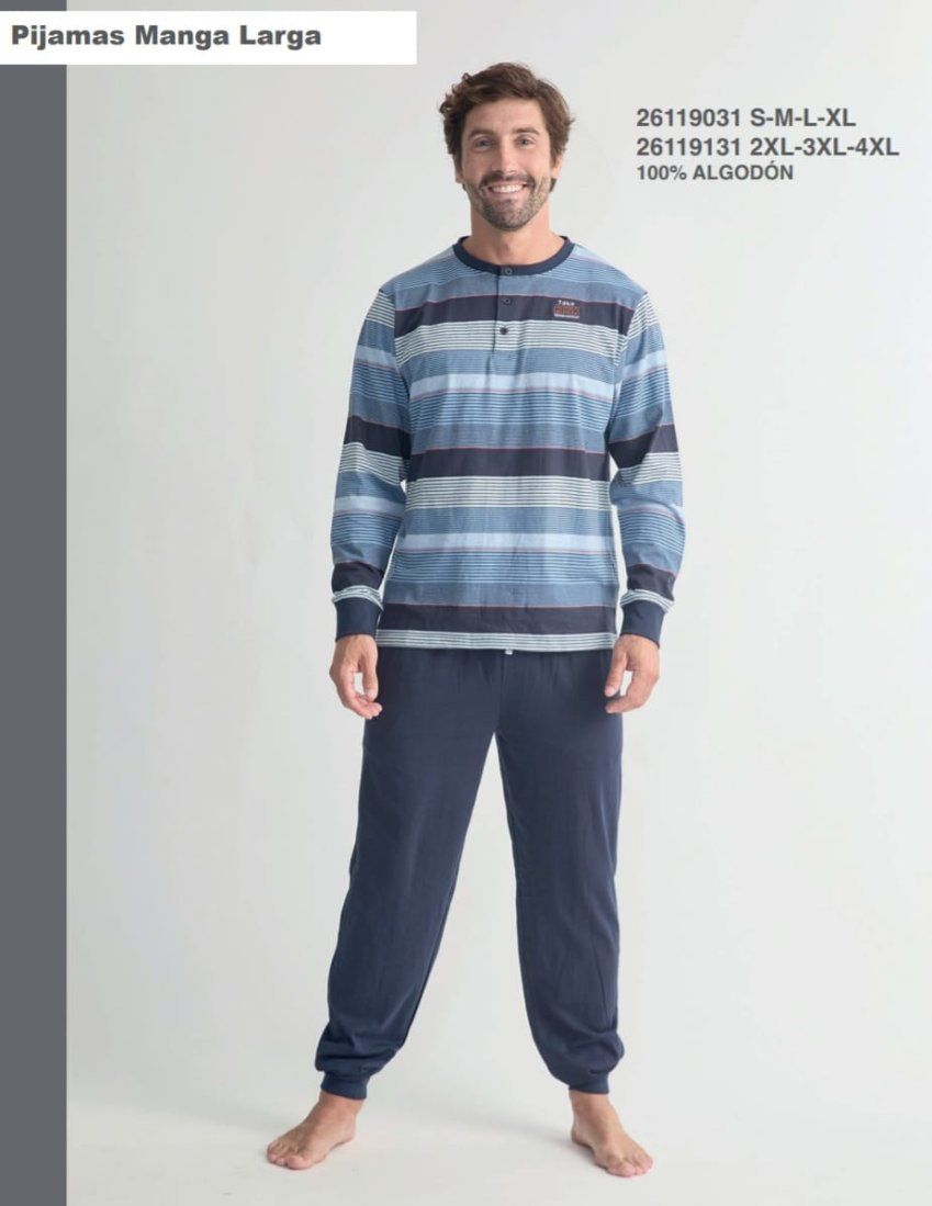 Pijama largo hombre Diassi 100% algodón con camiseta de rayas manga larga y pantalón largo marino ALMACEN NATI CAMPOS