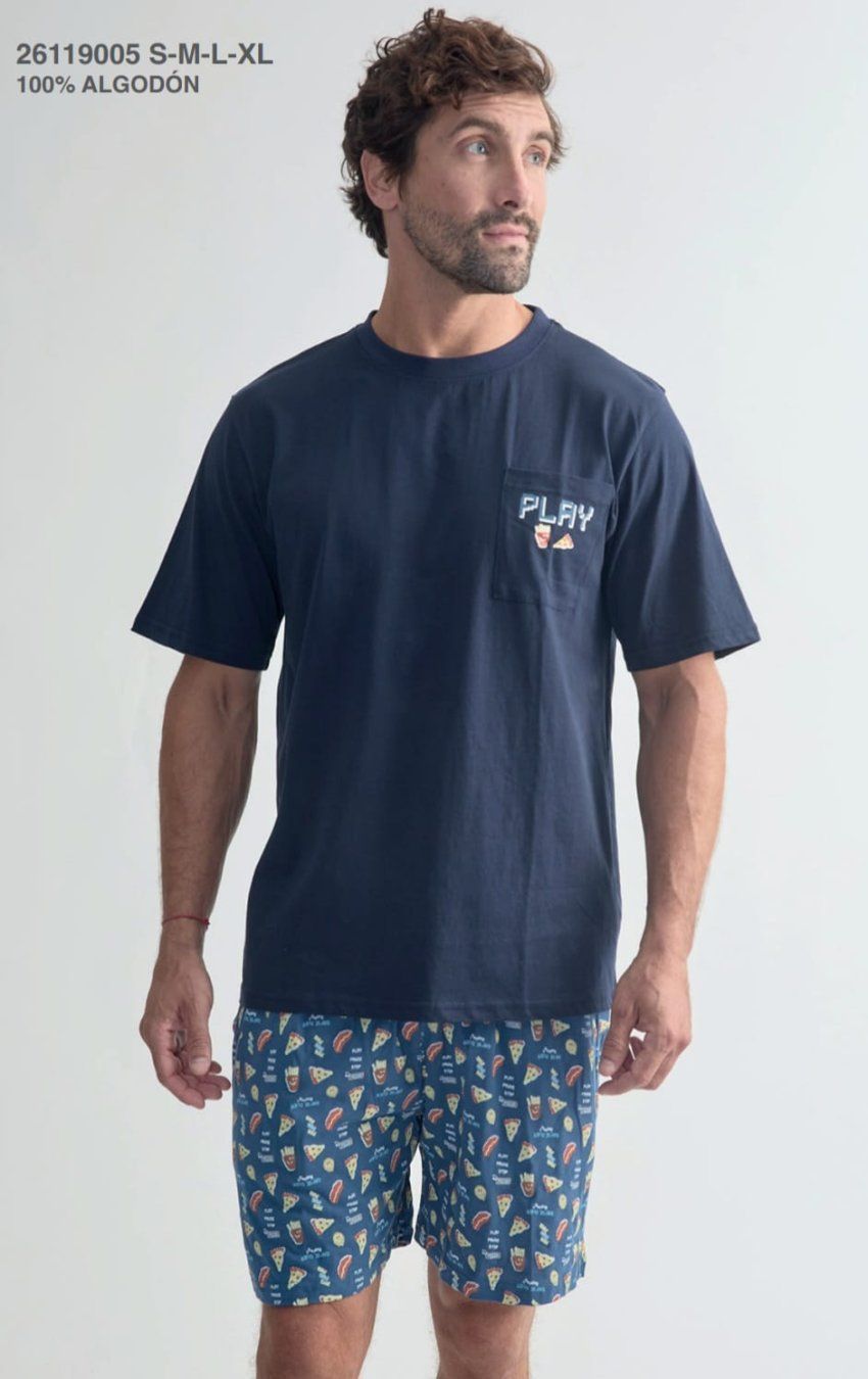 Pijama corto hombre Diassi 100% algodón color azul marino con pantalón estampado verano.