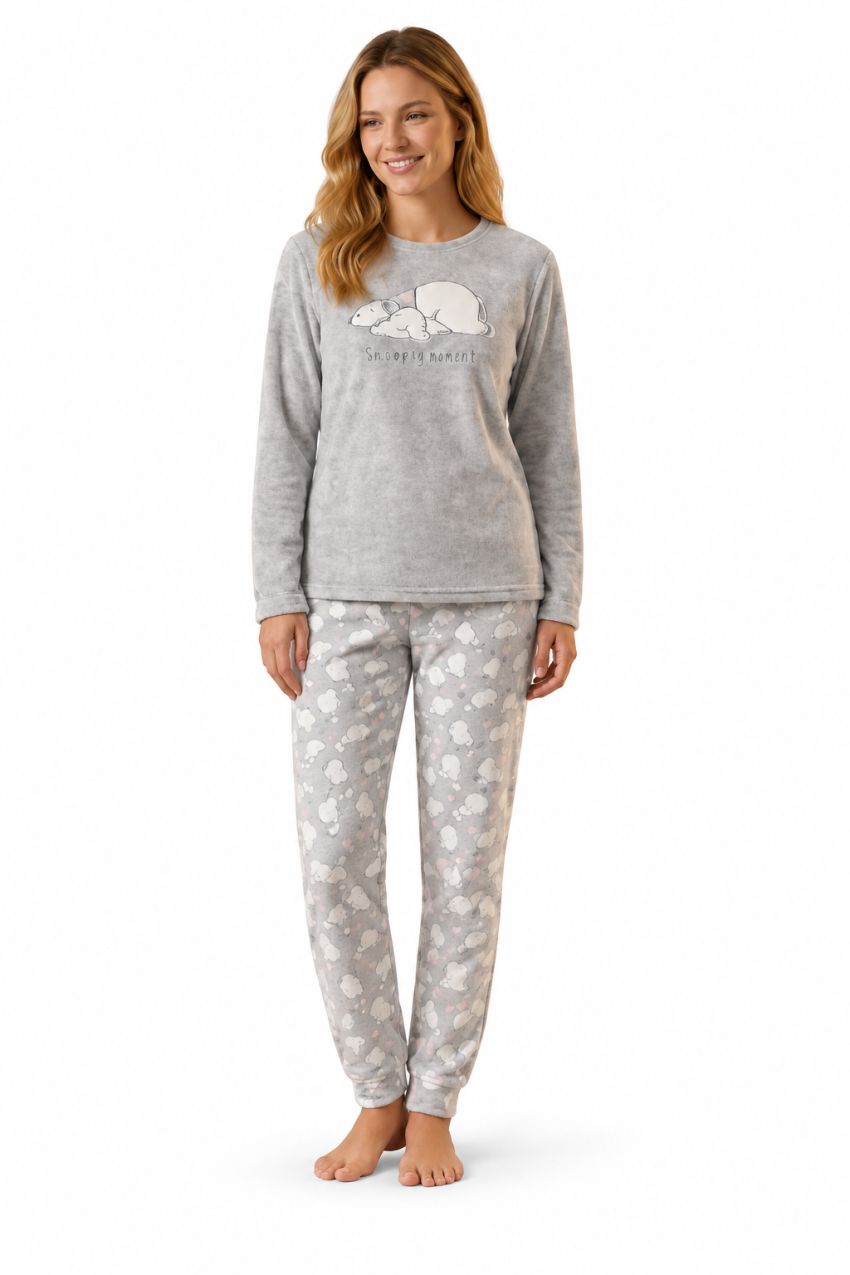 Pijama de mujer Snoopy gris en velour Waterlemon 8639