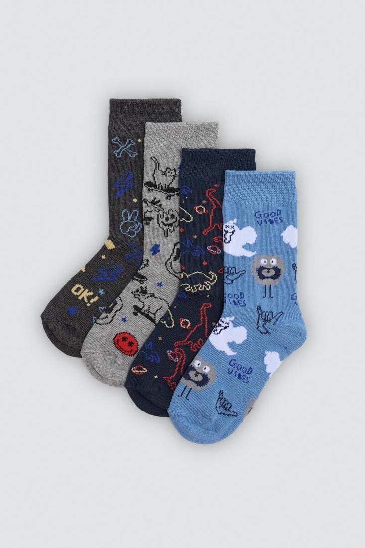 Calcetines de niño Ysabel Mora 42671 en gris oscuro, gris claro, azul marino y azul, con dibujos, letras y motivos multicolor