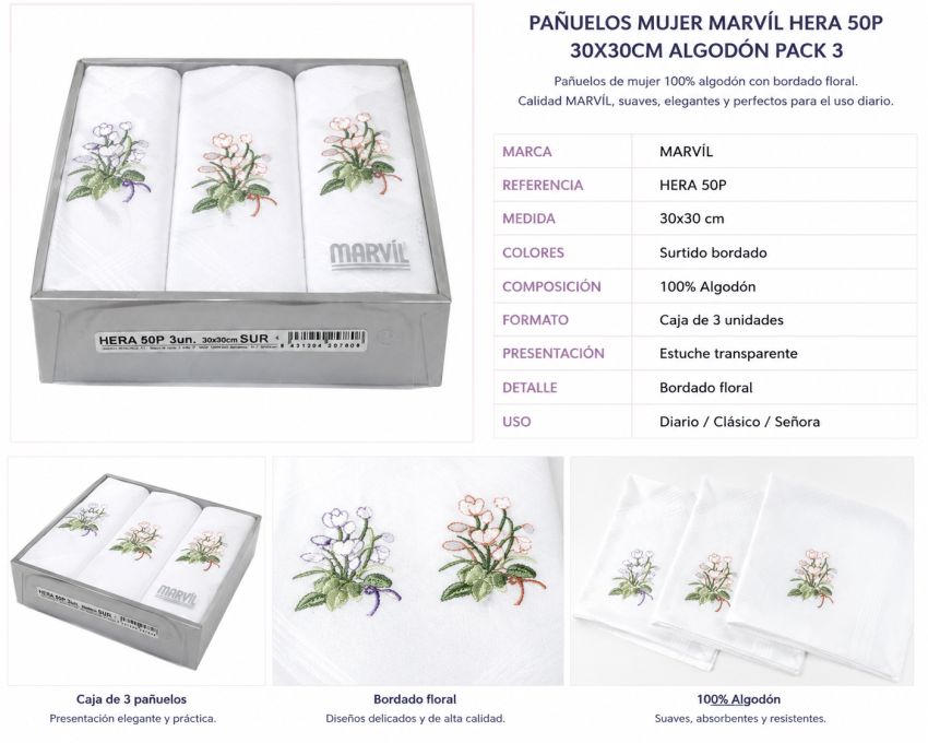 Caja de pañuelos mujer MARVIL HERA 50P 30x30 cm fabricados en 100% algodón con delicado bordado floral y elegante presentació