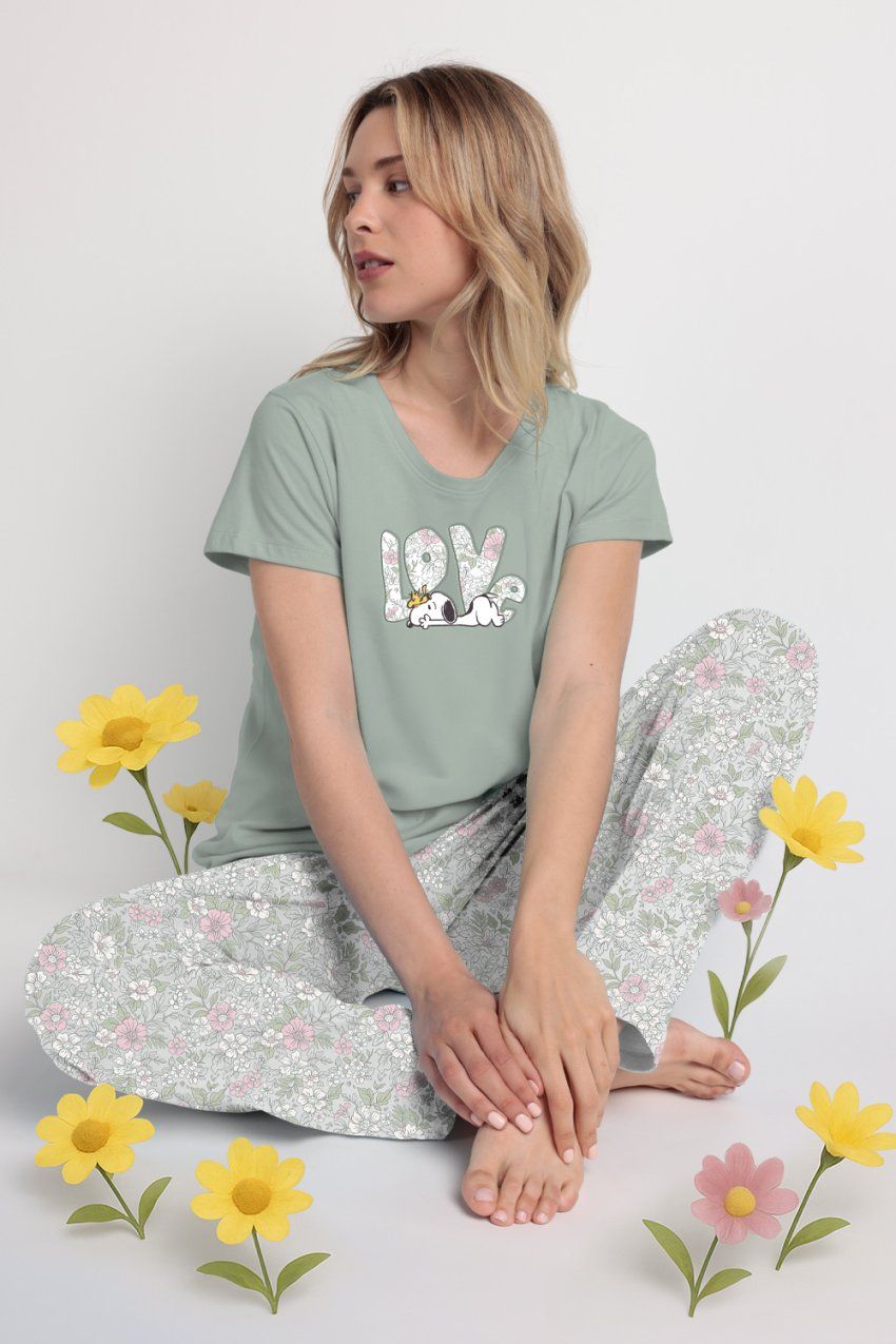 64427 PIJAMA MANGA CORTA PANTALON LARGO SNOOPY LOVE ADMAS AL POR MAYOR