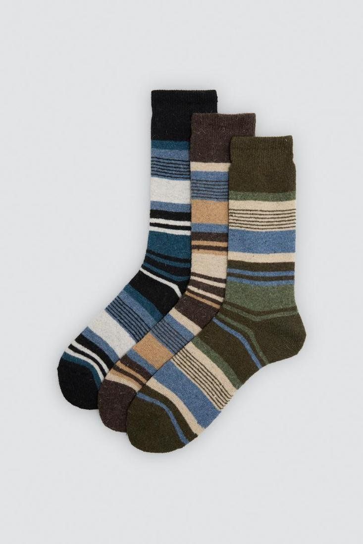 Calcetines de hombre Ysabel Mora 22121 con rayas de distintos grosores en negro, marrón, verde oliva, azul y beige