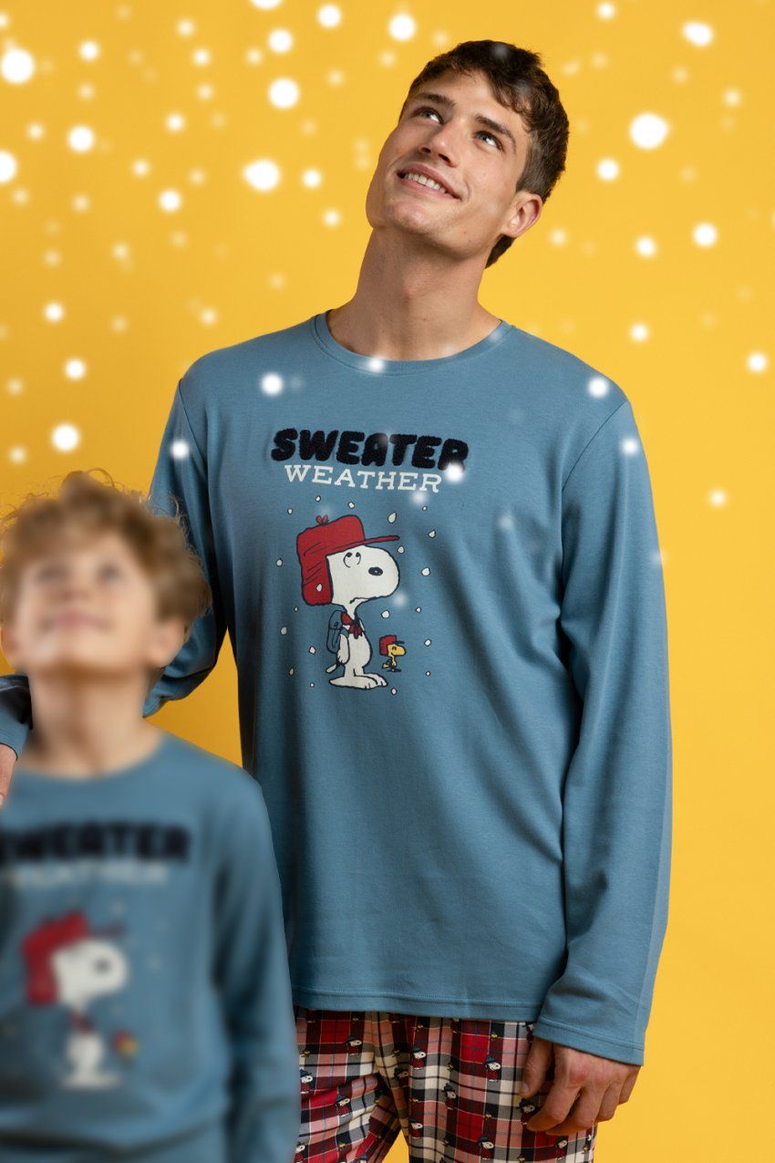 Pijama de hombre Snoopy con camiseta de manga larga y pantalón de cuadros. Ideal para tiendas y distribuidores. Compra al por mayor.