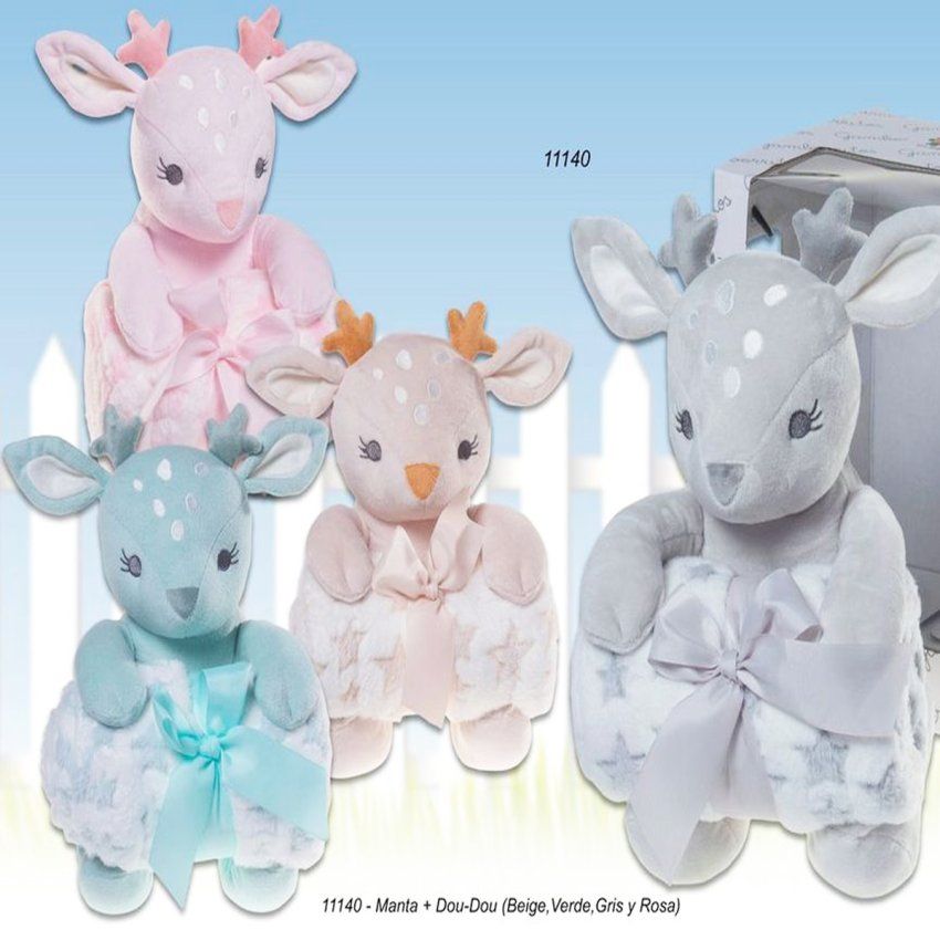 Pack regalo bebé Gamberritos 11140 con manta suave y peluche reno, ideal para cuna, carrito o canastillas