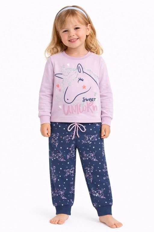 Pijama de niña Katuco con camiseta lila Sweet Unicorn y pantalón azul marino estampado de unicornios y estrellas.