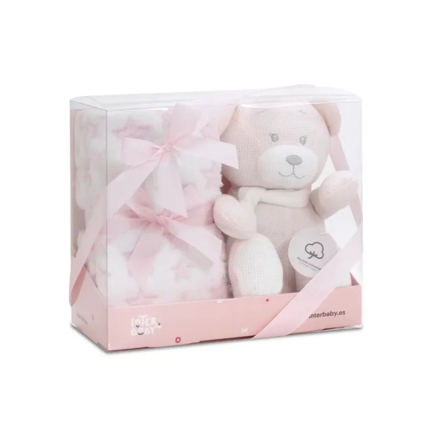 [PE024 02] SET PELUCHE CROCHET OSO+MANTA ESTRELLA ROSA INTERBABY