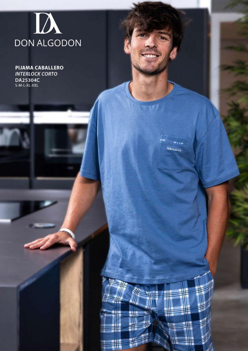 DA25304 Pijama de verano para caballero de algodon con pantalon de cuadros de la marca don algodón