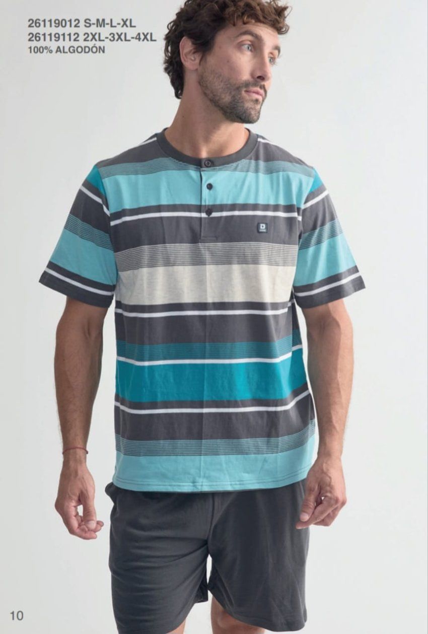 Pijama corto hombre Diassi 100% algodón con camiseta de rayas y pantalón corto liso para verano.