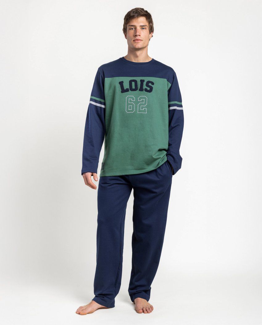 Pijama de hombre LOIS con camiseta de manga larga y pantalon lardo. Ideal para tiendas y distribuidores. Compra al por mayor.