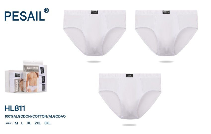 HL811 SLIP HOMBRE EN COLOR BLANCO LISO EN PACK DE TRES DE PESAIL AL POR MAYOR