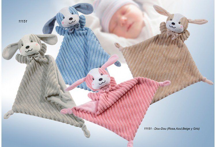 Dou dou bebé Gamberritos con diseño de perrito en colores azul, rosa, beige y gris.
