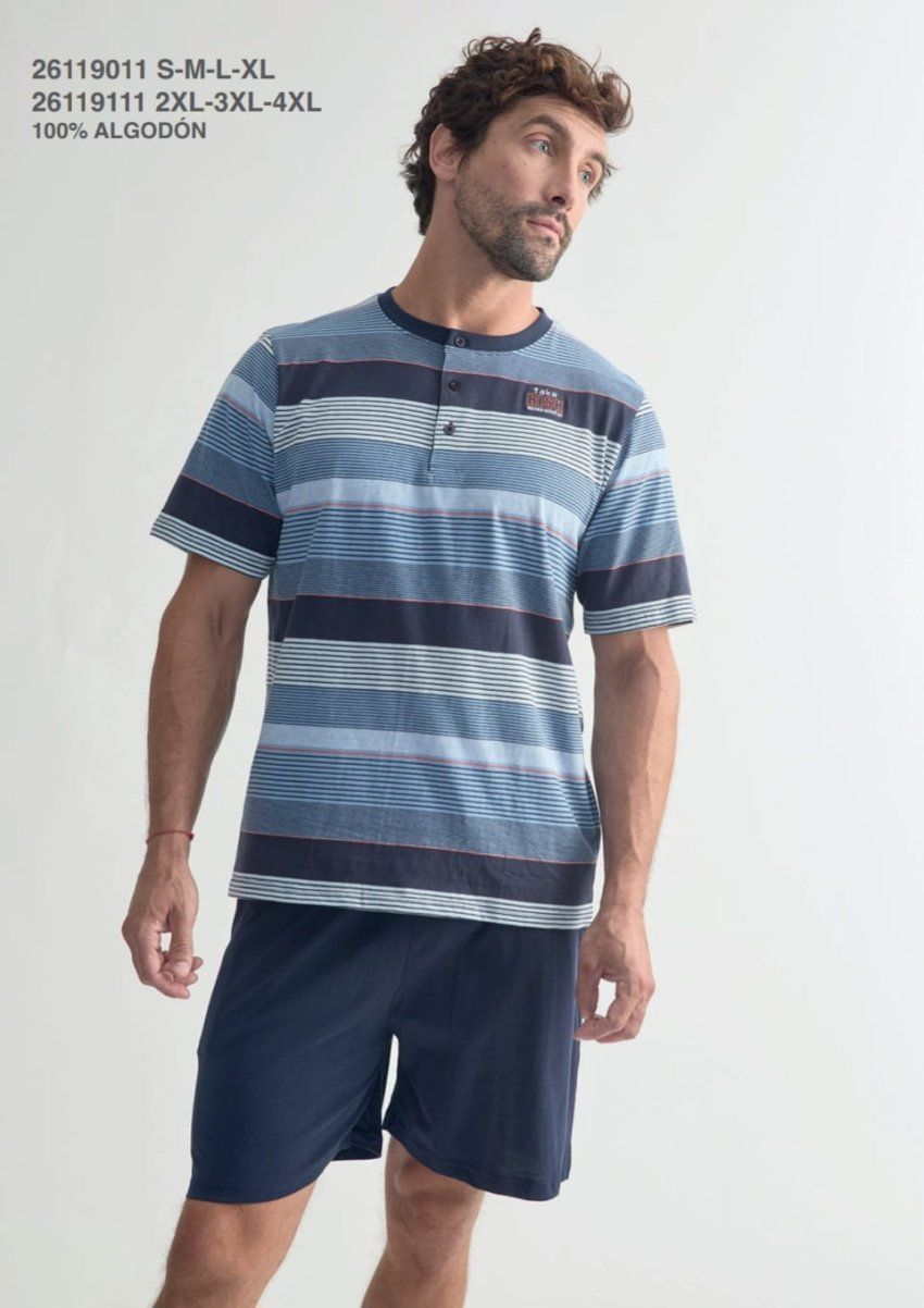 Pijama corto hombre Diassi 100% algodón con camiseta de rayas azules y pantalón corto marino para verano.
