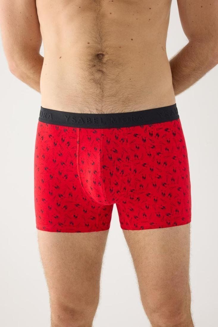 Bóxer de hombre rojo con estampado de pequeñas copas de champán negras y cintura elástica negra.